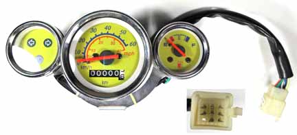 SPEEDOMETER INSTRUMENT CLUSTER 8 WIRE IN A 9 WIRE FEMALE JACK, SINGLE BRACKET MOUNTING BOLT C/C=20 mm YELLOW FACE