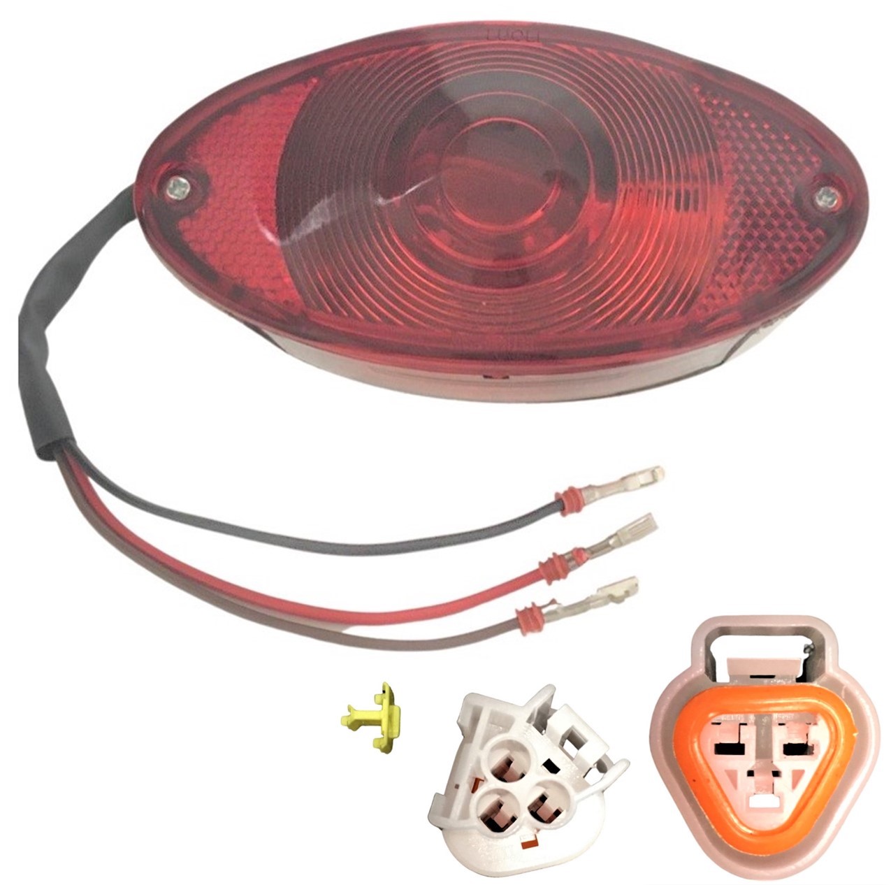 Tail Light (GoKart) Fits Many Chinese GoKarts W=128 H=65 Bolts c/c=49 3 Pins in 3 Pin Female Jack Comes with the wiring housing shown in our picture. You will need to put the wires in the housing.