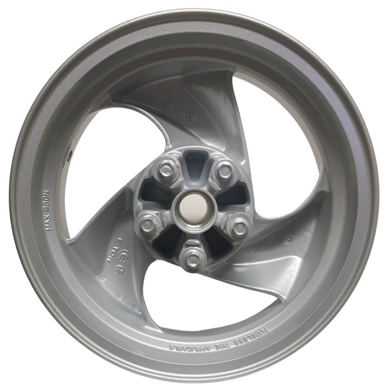 Front Wheel Rim (3.5x12), Rotor Bolt Pattern=5x80mm (50mm to adjacent stud) Offset=1.25 in, Shaft ID=30 mm, Silver Fite E-Ton Beamer R2-50, R4-150, Matrix 50, 150 Scooters + others