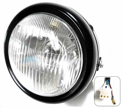 Headlight (Round) OD=6" 3 Pins in 3 Pin Male Jack + 1 Wire Fits Minibikes Baja MB165-200, Coleman, + Others