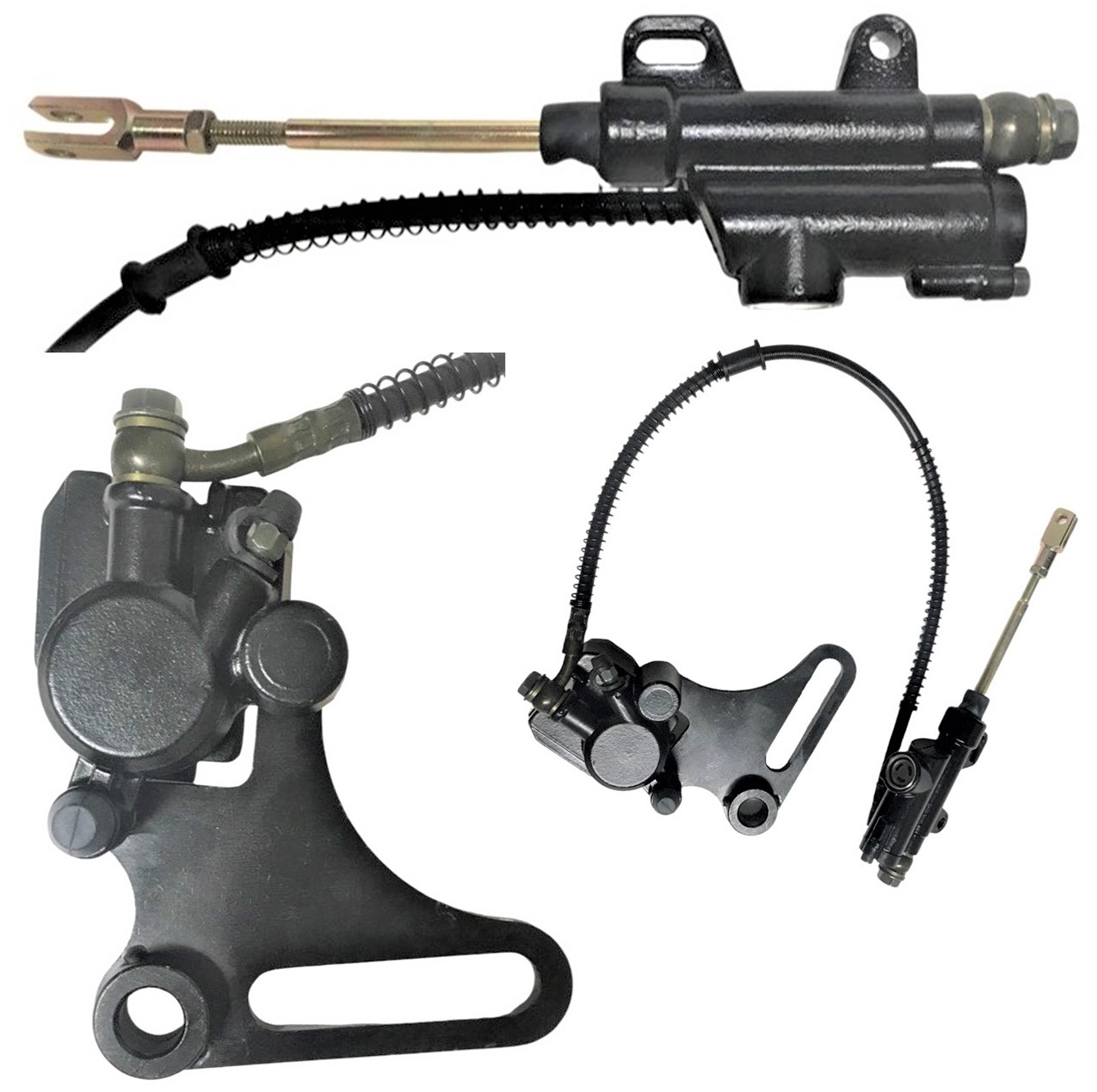 Rear Foot Brake Assembly Fits Many ATVs & DirtBikes Caliper Bolts c/c=25-86mm, Line L=22in, Master Cylinder Bolts c/c=40-55mm, Rod Length-From Body to Center of Connector Hole=105mm