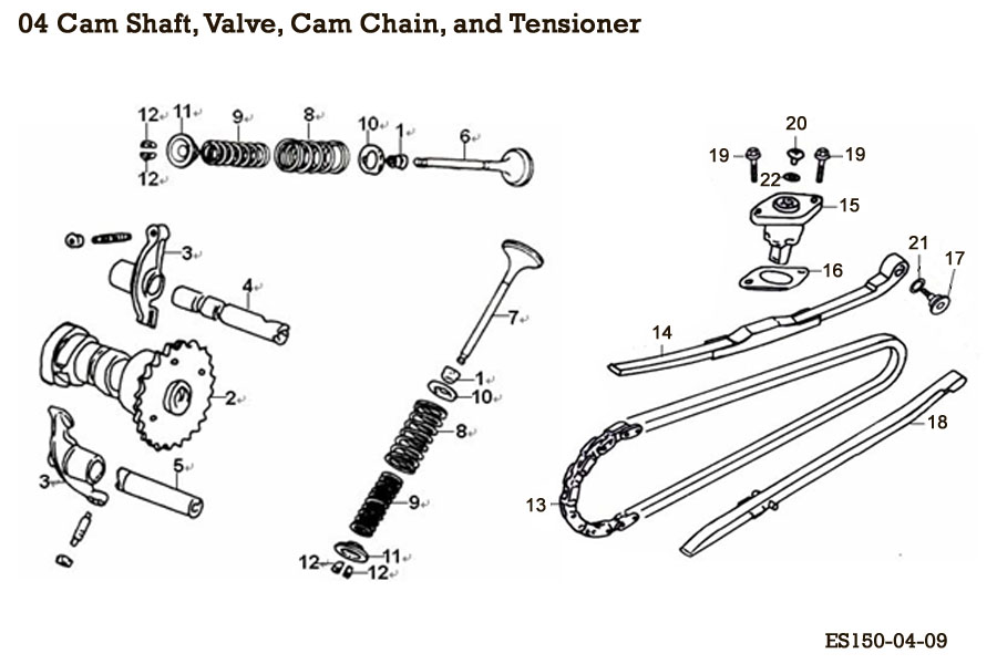 Camshaft, Valve, Cam Chain, and Tensioner