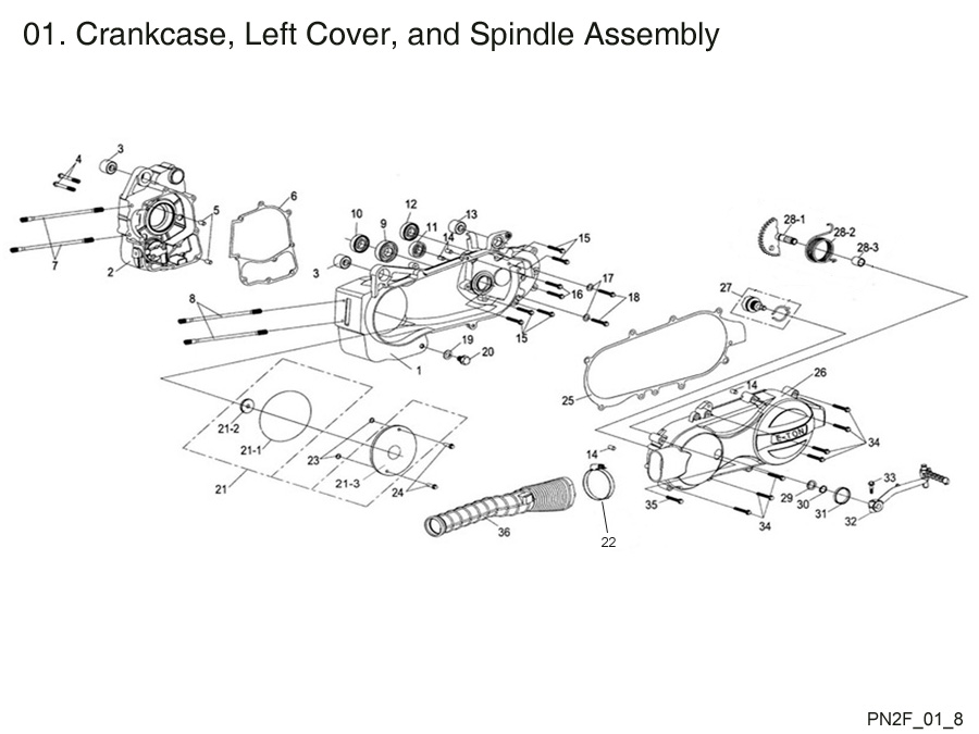Crankcase, LH Cover, and Spindle Assembly