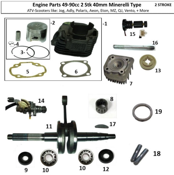 2 Stroke 49-100cc - 90-100cc Cylinder Piston Kits - Heads - Crankshaft