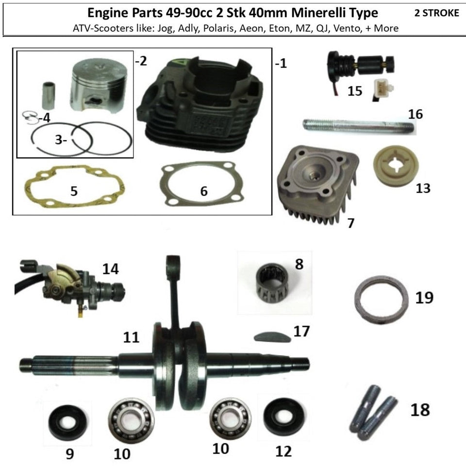 2 Stroke 49-100cc - 90-100cc Cylinder Piston Kits - Heads - Crankshaft