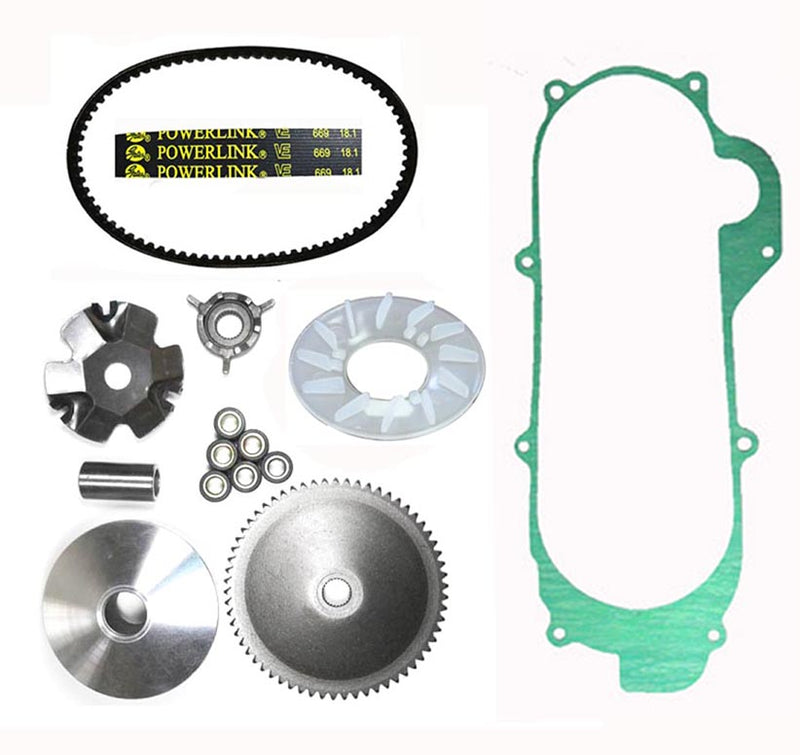 Variator Belt Kit, Short Case Chinese GY6 QMB139 49cc Scooter  669x18x30 Powerlink Belt, Crankcase Gasket  Shaft=14mm