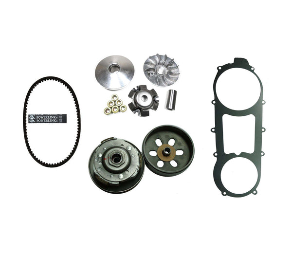 GY6-150 (150cc) Long Case Clutch & Belt Kit  Front Clutch Variator, Rear Clutch Pulley,  Powerlink Drive Belt & Belt Cover Gasket  For units with the 842x20x30 Belt
