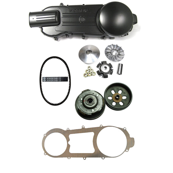GY6-150 (150cc) Long Case Crankcase Cover, Clutch & Belt Kit  Includes: LH Crankcase Cover (Black),  Front Clutch Variator, Rear Clutch Pulley, Powerlink Drive Belt & Belt Cover Gasket  For Units With The 842x20x30 Belt