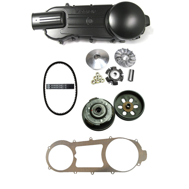 GY6-150 (150cc) Long Case Crankcase Cover, Clutch & Belt Kit  Includes: LH Crankcase Cover (Black),  Front Clutch Variator, Rear Clutch Pulley, Powerlink Drive Belt & Belt Cover Gasket  For Units With The 842x20x30 Belt