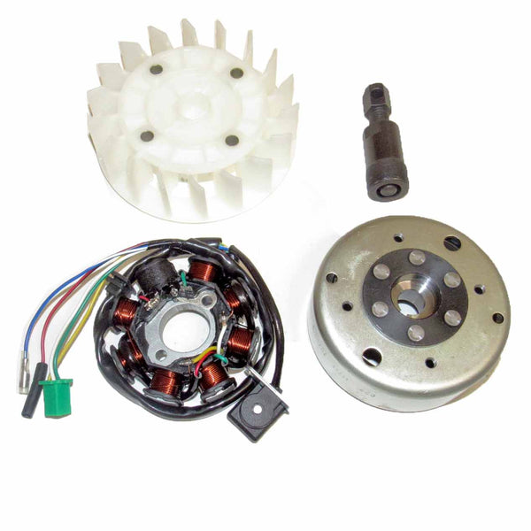 GY6 150cc 8 Pole Stator Magneto, Flywheel, Flwheel Puller Tool & Cooling Fan  Fits a variety of Scooters, Go Karts & ATV's with the GY6-150 Engine  Stator Dimensions=8 Coils 3 Pin in 4 Pin Jack + 2 Wires  OD=88 ID=29 H=28 Bolts c/c=41 Pickup C