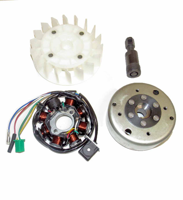 GY6 150cc 8 Pole Stator Magneto, Flywheel, Flwheel Puller Tool & Cooling Fan  Fits a variety of Scooters, Go Karts & ATV's with the GY6-150 Engine  Stator Dimensions=8 Coils 3 Pin in 4 Pin Jack + 2 Wires  OD=88 ID=29 H=28 Bolts c/c=41 Pickup C