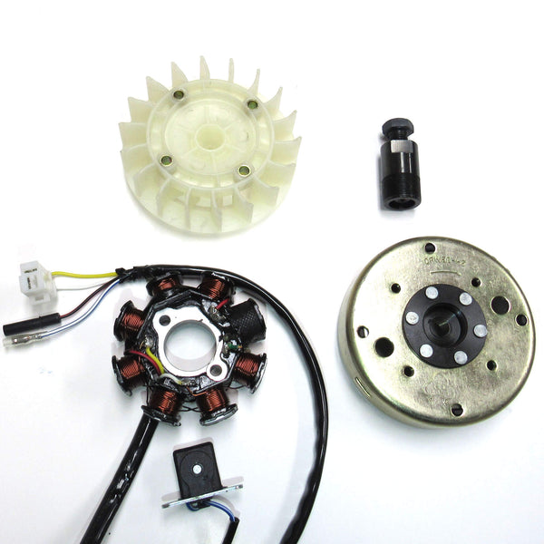GY6 50cc 8 Pole Stator Magneto, Flywheel, Flwheel Puller Tool & Cooling Fan  Fits a variety of GY6-50cc Scooters  Stator Dimensions=8 Coils   2 Pin in 3 Pin Jack + 2 Wires  Pickup Coil C/C=40