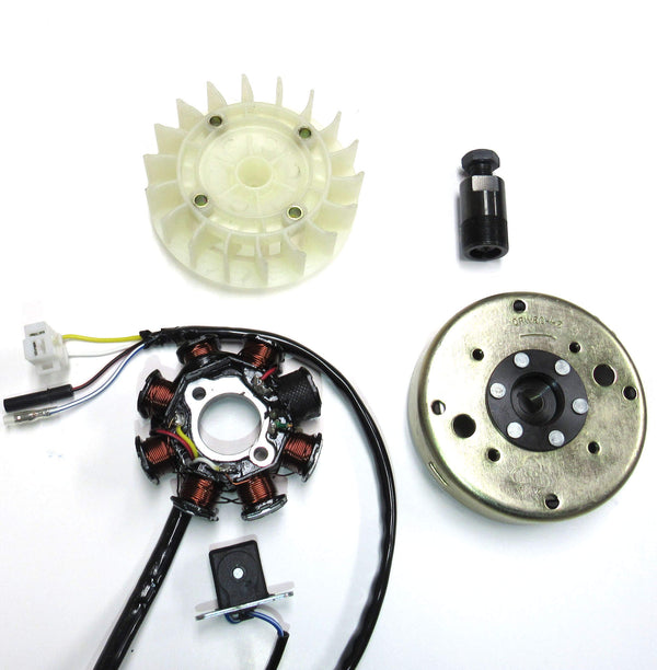 GY6 50cc 8 Pole Stator Magneto, Flywheel, Flwheel Puller Tool & Cooling Fan  Fits a variety of GY6-50cc Scooters  Stator Dimensions=8 Coils   2 Pin in 3 Pin Jack + 2 Wires  Pickup Coil C/C=40