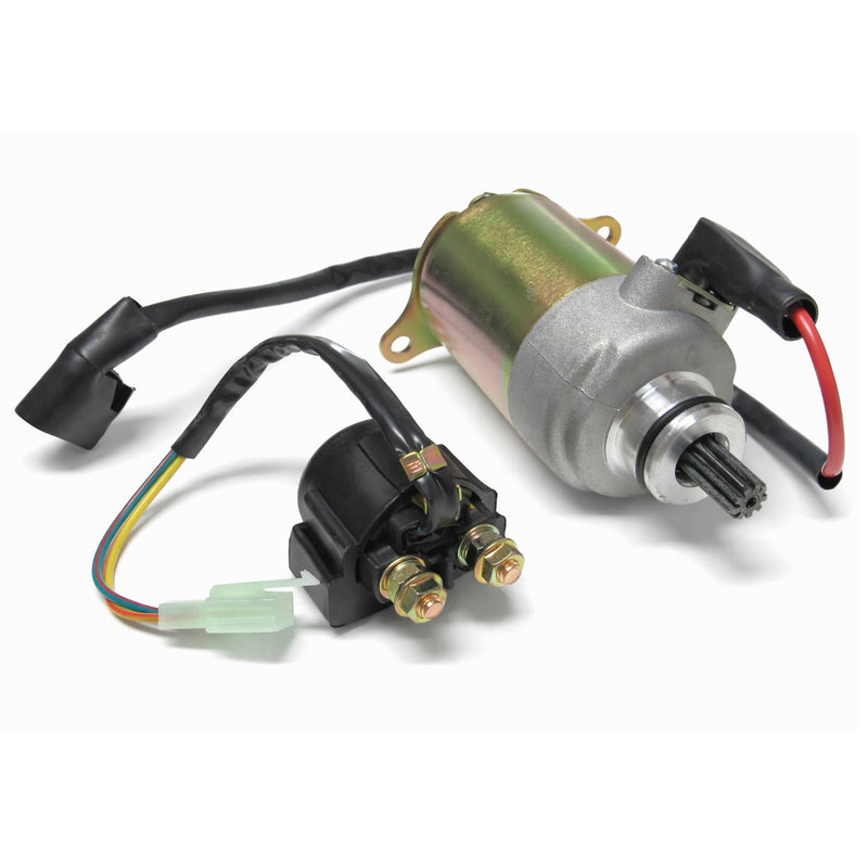Starter Motor & Starter Relay (Solenoid) Kit, fits Most GY6-125, GY6-150 Chinese ATVs, GoKarts, Scooters  Shaft OD=11.5mm Spline=9  Flange= 30mm  1 ring terminal Bolts c/c=77mm