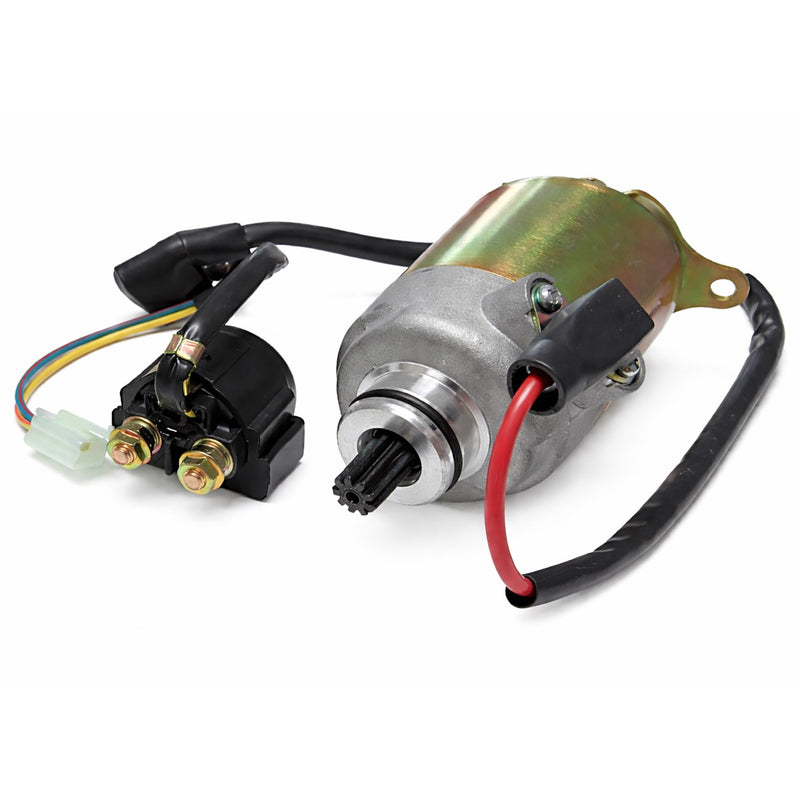 Starter Motor & Starter Relay (Solenoid) Kit, fits Most GY6-125, GY6-150 Chinese ATVs, GoKarts, Scooters  Shaft OD=11.5mm Spline=9  Flange= 30mm  1 ring terminal Bolts c/c=77mm