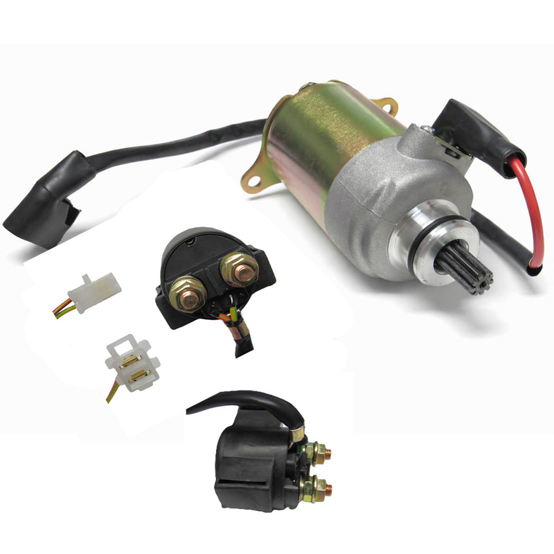 Starter Motor & Starter Relay (Solenoid) Kit, fits some GY6-150 Chinese ATVs, GoKarts, Scooters  Shaft OD=11.5mm Spline=9  Flange= 30mm  1 ring terminal Bolts c/c=77mm