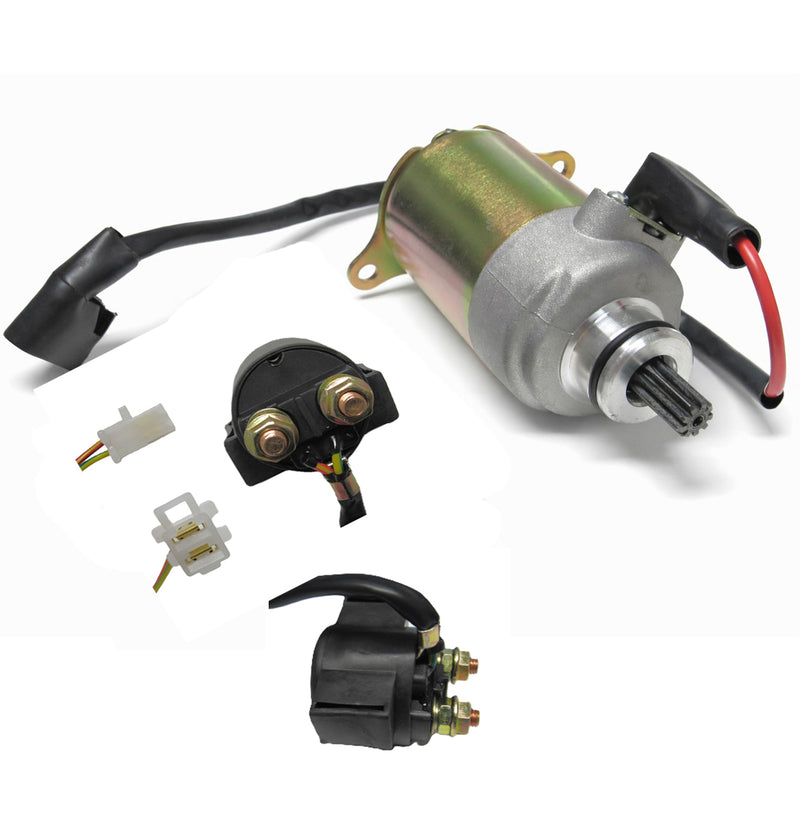 Starter Motor & Starter Relay (Solenoid) Kit, fits some GY6-150 Chinese ATVs, GoKarts, Scooters  Shaft OD=11.5mm Spline=9  Flange= 30mm  1 ring terminal Bolts c/c=77mm