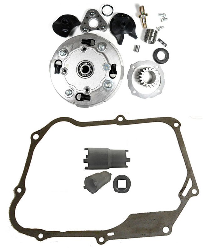 Rear Clutch  50-125cc Honda Copy Semi Auto, with the Clutch Nut Socket and Clutch Cover Gasket. Fits a variety of ATVs & Dirtbikes.
