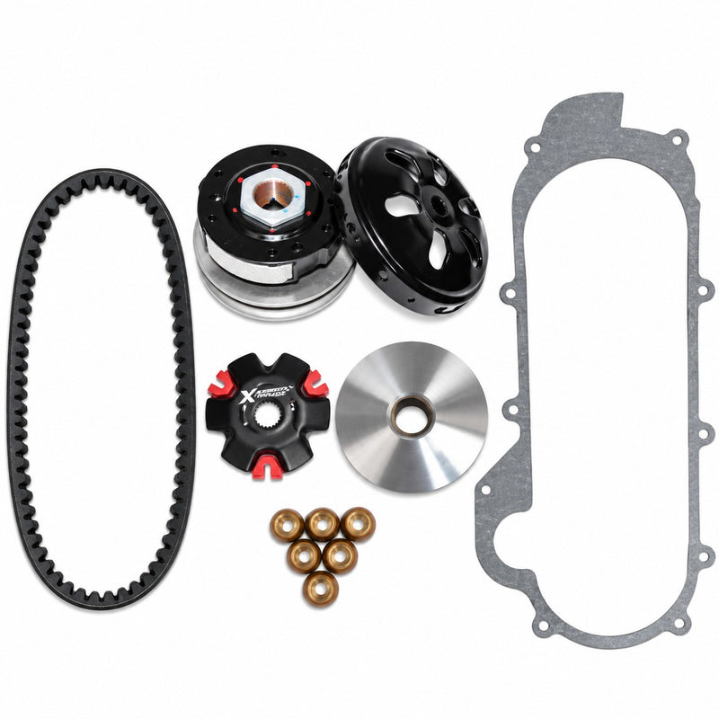 High Performance 50cc Long Case Scooter Clutch & Belt Kit- Front Clutch Variator, Rear Clutch Pulley, PowerLink Drive Belt & Belt Cover Gasket, Increased Performance Potential