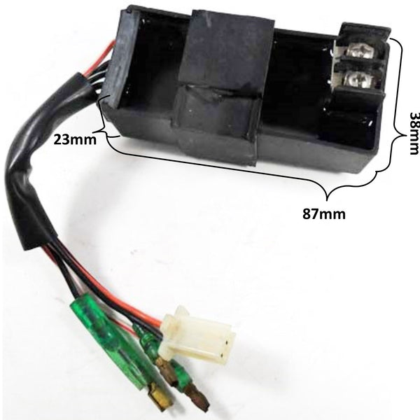 CDI Box 2 Stroke  Alpha Sports LG 50, LG 90  49-90cc Taiwan ATVs, Scooters  2 pin jack, 1 FM plug, 2 male plugs, 2 screws  87x38x23  REPLACES 30410-117-000 BK00006