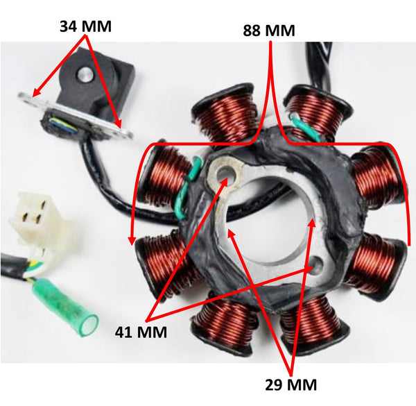 Stator 49-150cc GY6  Fits Many Chinese ATVs and Scooters  8 Pole 3 Pin in 4 Pin Jack + 1 Wires  OD=88 ID=29 H=28 Bolts c/c=41 Pickup Coil c/c=34