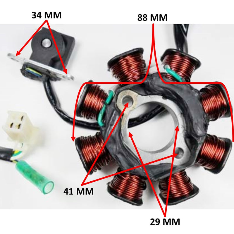 Stator 49-150cc GY6  Fits Many Chinese ATVs and Scooters  8 Pole 3 Pin in 4 Pin Jack + 1 Wires  OD=88 ID=29 H=28 Bolts c/c=41 Pickup Coil c/c=34