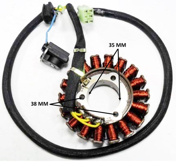 Stator  18 Pole, 5 Pins in 6 Pin Jack + 1 Ground Eyelet, OD=93 ID=35 H=23 Bolts c/c=38 Coil c/c=34