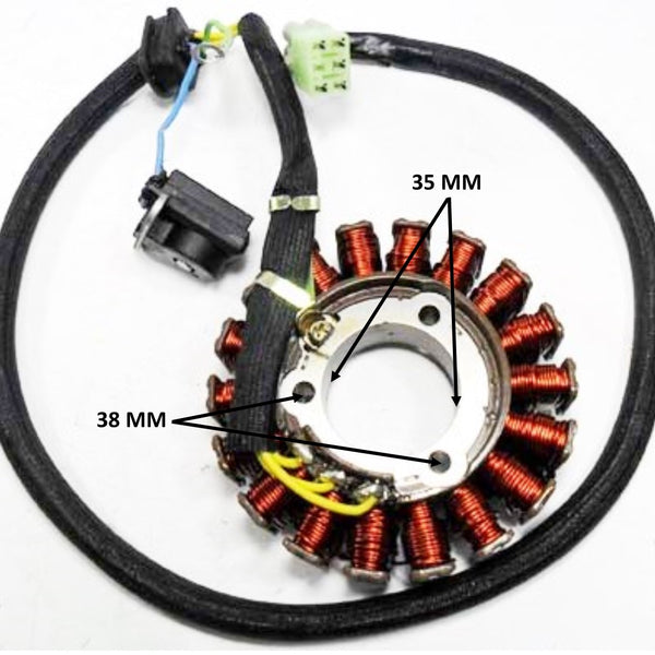 Stator  18 Pole, 5 Pins in 6 Pin Jack + 1 Ground Eyelet, OD=93 ID=35 H=23 Bolts c/c=38 Coil c/c=34