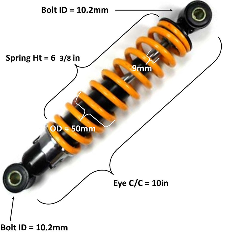Rear Shock  Eye c/c= 10in Spring Ht=6 3/8in Spring OD= 50mm Spring Thickness= 9mm  Bolt ID Top=10.2mm Bottom= 10.2mm