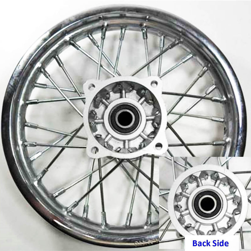 Front Rim (Chrome) 1.40x10 Disc Brake  Bolts Cross c/c=92mm, adjacent=65mm, 15mm axle  Fits Tomberlin 110cc Dirtbike