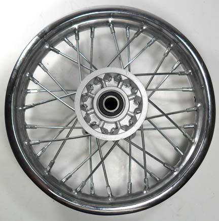 Front Rim (Chrome) 1.40x10 Disc Brake  Bolts Cross c/c=92mm, adjacent=65mm, 15mm axle  Fits Tomberlin 110cc Dirtbike