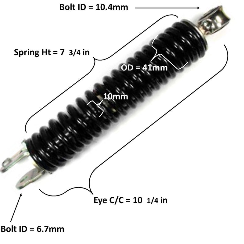 Rear Shock  Eye c/c= 10 1/4in Spring Ht= 7 3/4in Spring OD= 41mm Spring Thickness= 10mm  Bolt ID Top=10.4mm Bottom= 6.7mm