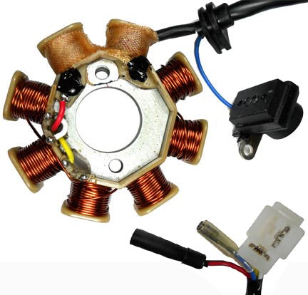 Stator 49-150cc GY6  Fits Many ATVs, GoKarts, Scooters  8 Coils 2 Pin in 3 Pin Jack + 2 wires Pickup Coil c/c=34mm  Bolt mounting C/C=41mm