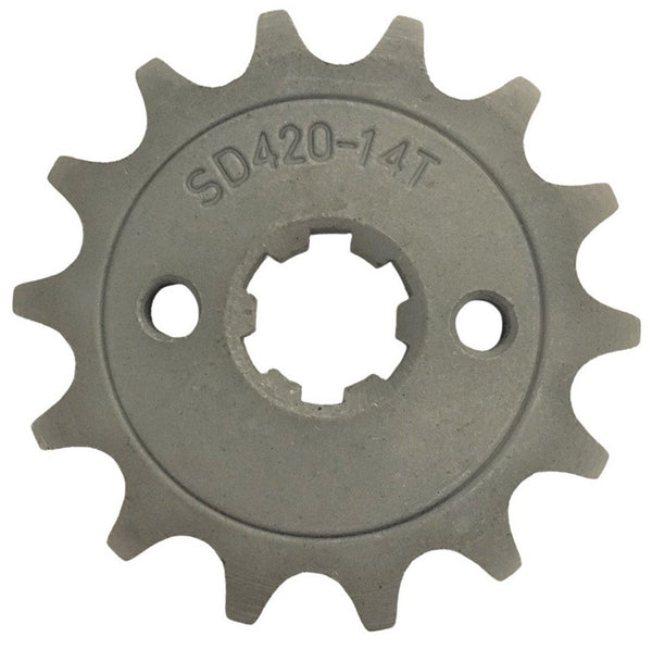 Front Sprocket #420 14th  Bolts=2x30mm Ctr to Ctr, Splines=6  Shaft=14/17mm (shortest/longest point)  50-125cc MOST CHINESE ATVs