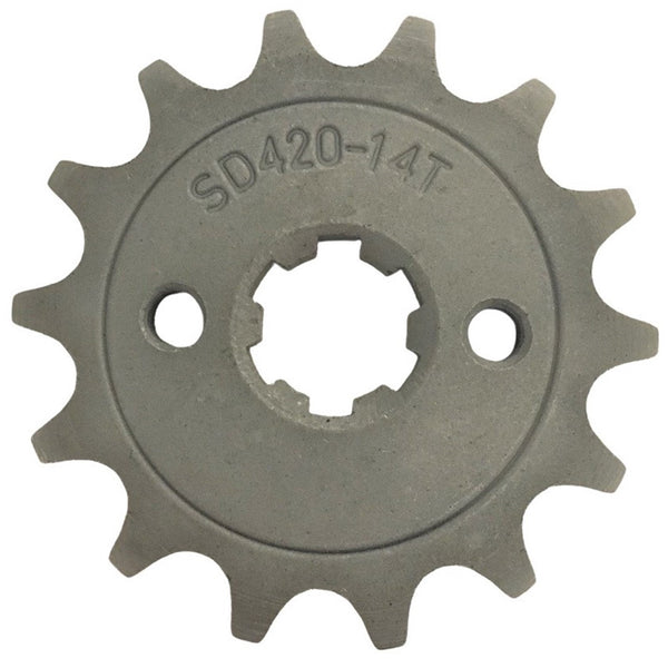 Front Sprocket #420 14th  Bolts=2x30mm Ctr to Ctr, Splines=6  Shaft=14/17mm (shortest/longest point)  50-125cc MOST CHINESE ATVs