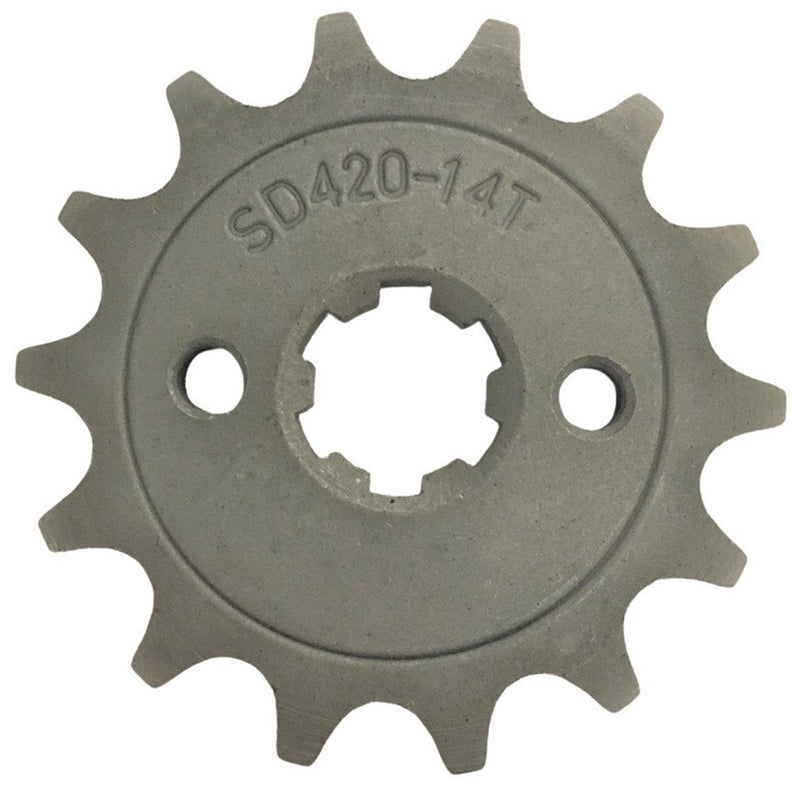 Front Sprocket #420 14th  Bolts=2x30mm Ctr to Ctr, Splines=6  Shaft=14/17mm (shortest/longest point)  50-125cc MOST CHINESE ATVs