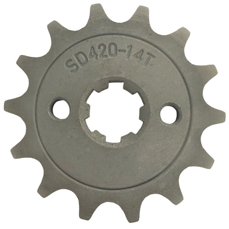 Front Sprocket #420 14th  Bolts=2x30mm Ctr to Ctr, Splines=6  Shaft=14/17mm (shortest/longest point)  50-125cc MOST CHINESE ATVs