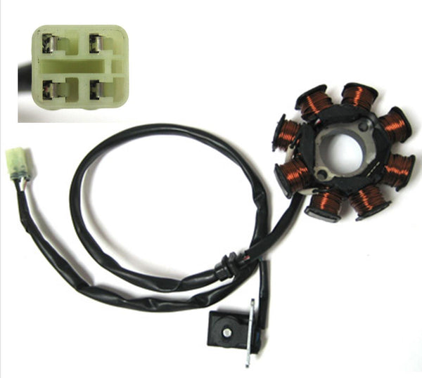 Stator 49-150cc  Fits Many Taiwanese ATVs and Scooters  8 Coils 4 Pin in 4 Pin Jack  **CLICK HERE FOR ADDITIONAL DETAILS IF YOUR ATV HAS A 6 POLE Stator**