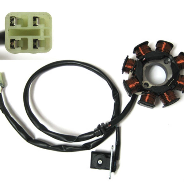 Stator 49-150cc  Fits Many Taiwanese ATVs and Scooters  8 Coils 4 Pin in 4 Pin Jack  **CLICK HERE FOR ADDITIONAL DETAILS IF YOUR ATV HAS A 6 POLE Stator**