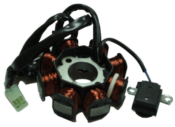 Stator 49-150cc  Fits Many Taiwanese ATVs and Scooters  8 Coils 4 Pin in 4 Pin Jack  **CLICK HERE FOR ADDITIONAL DETAILS IF YOUR ATV HAS A 6 POLE Stator**