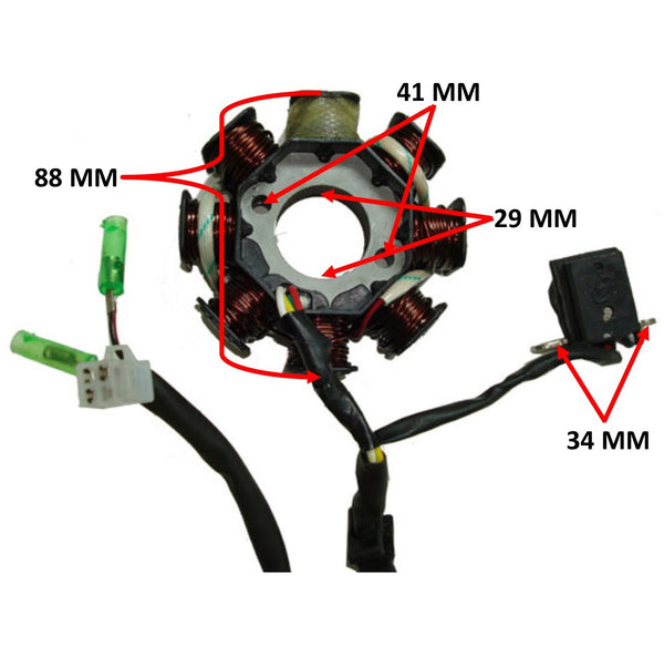Stator 49-150cc GY6  Fits Many Chinese ATV, GoKarts, Scooters  8 Coils 3 Pin in 4 Pin Jack + 2 Wires  OD=88 ID=29 H=28 Bolts c/c=41 Pickup Coil c/c=34
