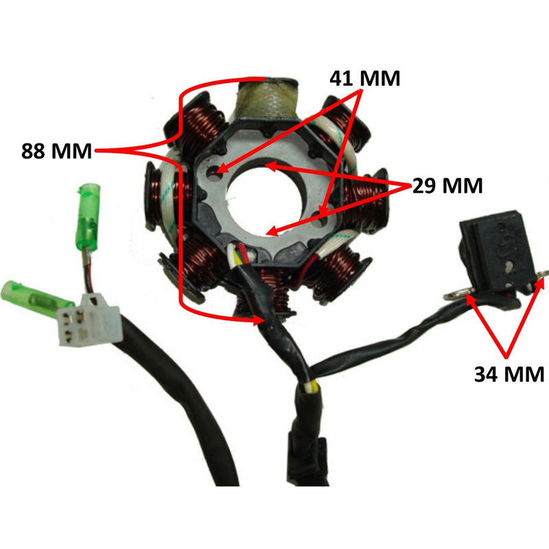 Stator 49-150cc GY6  Fits Many Chinese ATV, GoKarts, Scooters  8 Coils 3 Pin in 4 Pin Jack + 2 Wires  OD=88 ID=29 H=28 Bolts c/c=41 Pickup Coil c/c=34