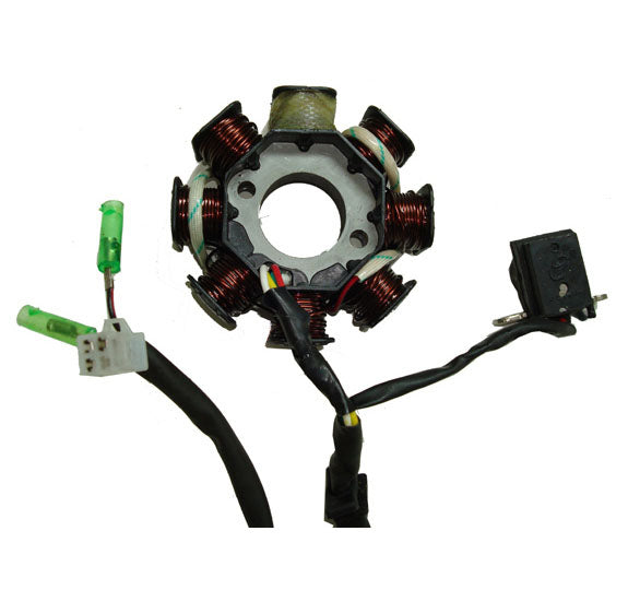 Stator 49-150cc GY6  Fits Many Chinese ATV, GoKarts, Scooters  8 Coils 3 Pin in 4 Pin Jack + 2 Wires  OD=88 ID=29 H=28 Bolts c/c=41 Pickup Coil c/c=34