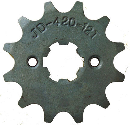 Front Sprocket #420 12th  Bolts=2x26mm Ctr to Ctr, Splines=6  Shaft=14/17mm (shortest/longest point)  Bolts=M5, Holes Ctr to Ctr=26mm