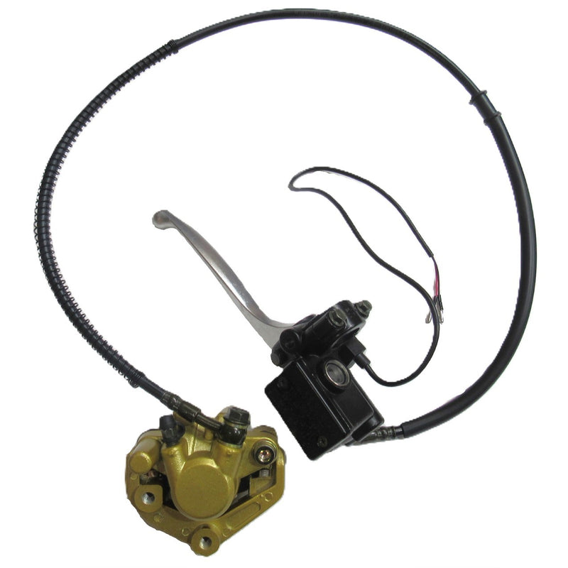 Front Brake Assembly  Fits ETON Beamer + many other Scooters & Mopeds  Line=36in 2 wires  Caliper bolts c/c=43 L=101 W=65mm  Note: The brake caliper color may vary from our pictures