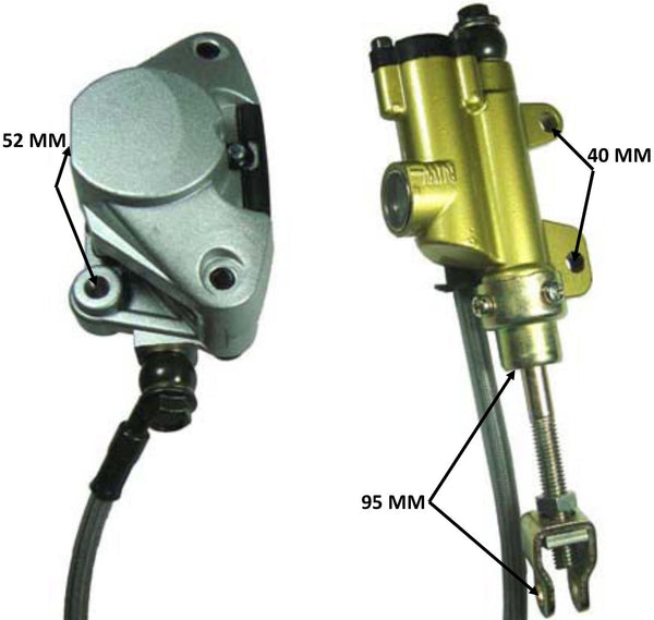 REAR FOOT BRAKE ASSEMBLY  Crt Bolt to End of Arm L=90mm  Line L=22 inches  Caliper Bolts Ctr to Ctr 52mm  Comes With Brake Pads 634644