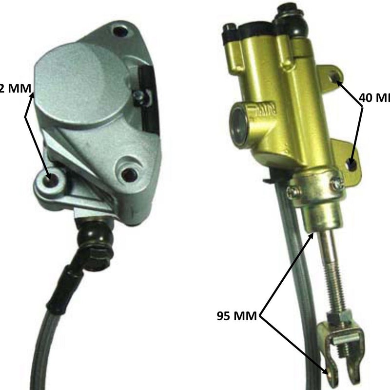 REAR FOOT BRAKE ASSEMBLY  Crt Bolt to End of Arm L=90mm  Line L=22 inches  Caliper Bolts Ctr to Ctr 52mm  Comes With Brake Pads 634644
