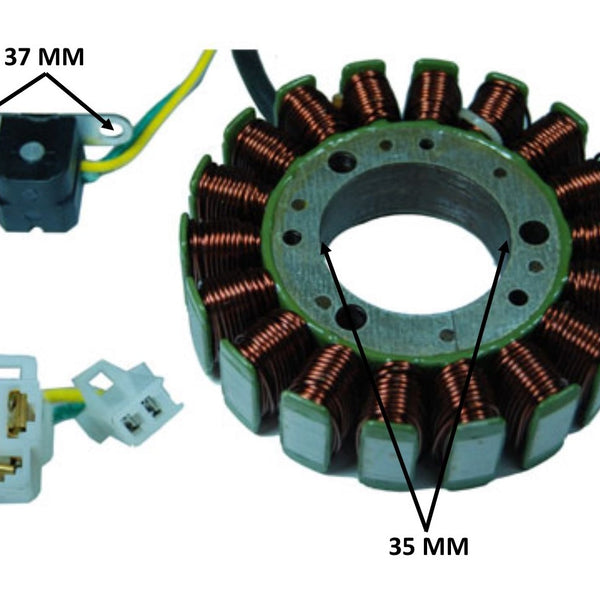 STATOR 150-250cc 4 Stroke  18 Coil OD=93  3 Pin in 3 Pin Male Jack  2 Pin in 2 Pin Male Jack  H=23 Ctr Hole ID=35  Pickup Coil Bolts c/c37