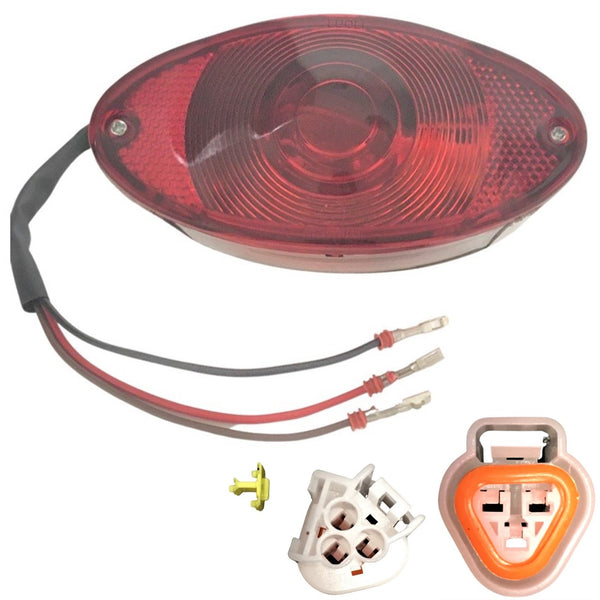 Tail Light (GoKart)  Fits Many Chinese GoKarts  W=128 H=65 Bolts c/c=49  3 Pins in 3 Pin Female Jack  Comes with the wiring housing shown in our picture. You will need to put the wires in the housing.