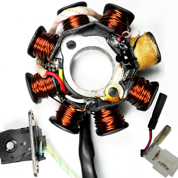 Stator 49-150cc 4 Stroke  Fits Many Chinese ATV, GoKarts, Scooters  8 Coil 2 Pin in 3 Pin Jack + 2 Wires  1 Pole Wrapped  Pickup Coil c/c=34  Bolt mounting C/C=41mm
